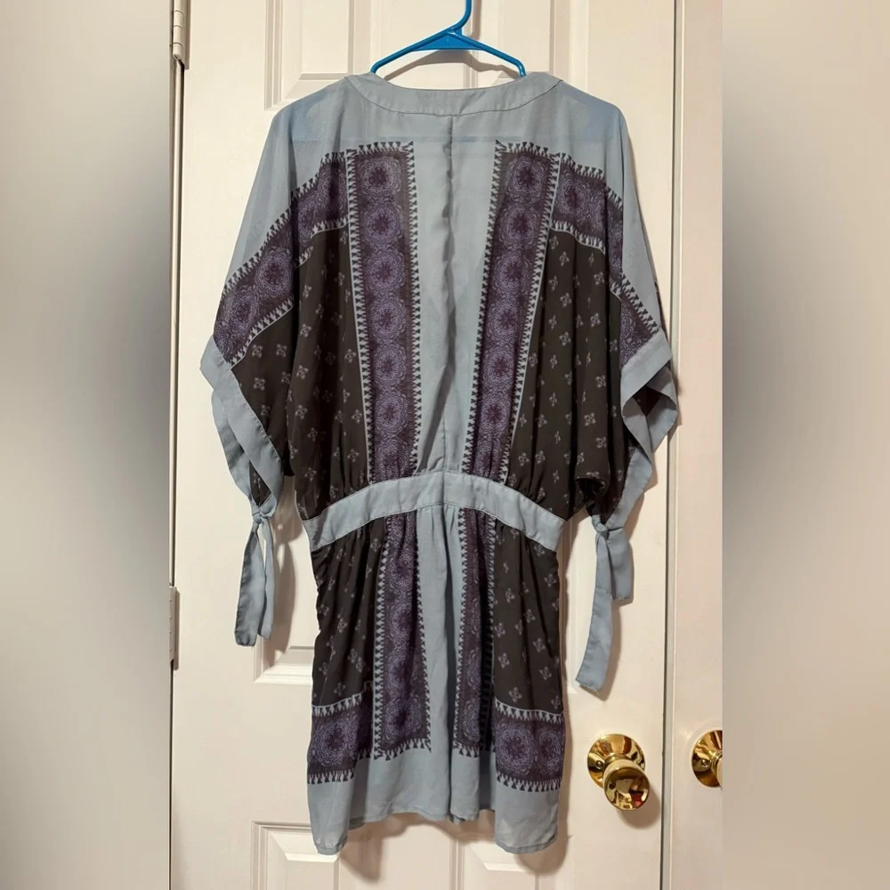 Free People Kimono Print Boho Festival Tunic Mini Dress XS Grey and Purple EUC